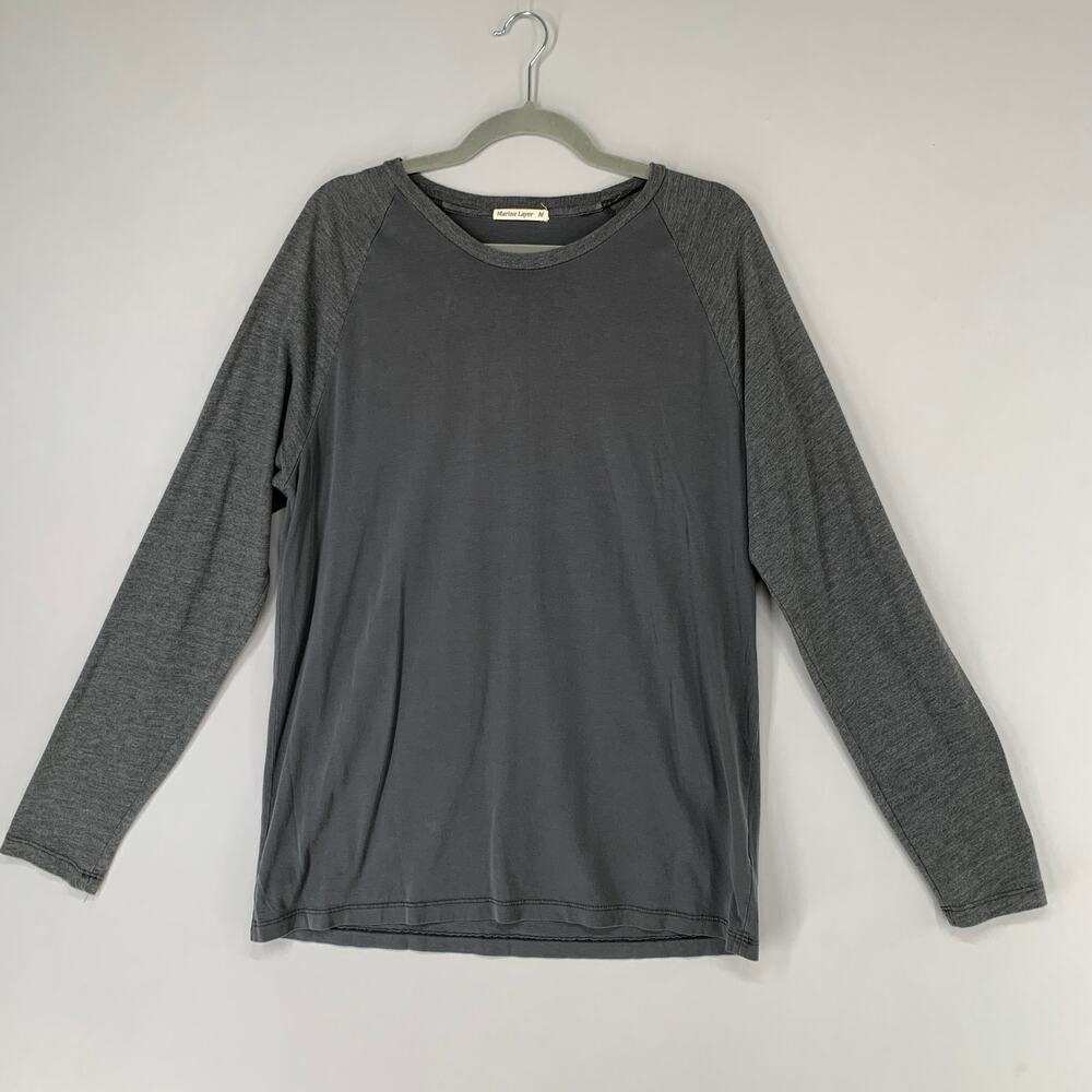 Marine Layer Men Shirt M Gray Solid Basic Baselayer Long Sleeve Crew Neck